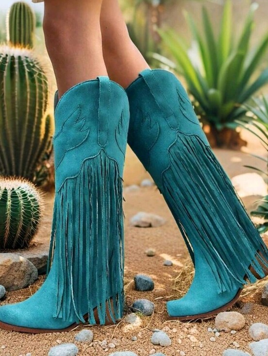 Shoes - Cowboy Boots For Women Fringe Embroidery Mid Calf Boots Pointed Toe Western Boot